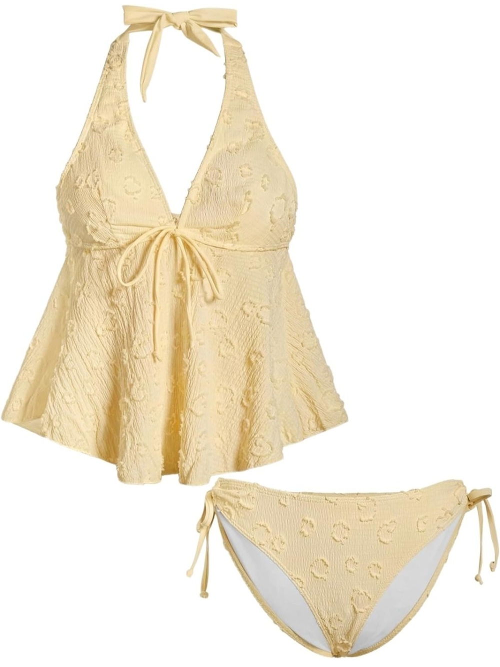New Yellow Textured Halter Tankini Swim Set - Women